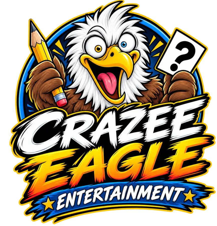 The Crazee Eagle mascot, holding a giant pencil and a question card